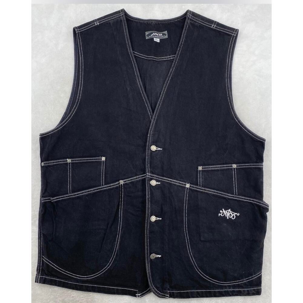 JNCO Black Denim Utility Vest M White Contrast Stitch Y2K Skate Carpenter